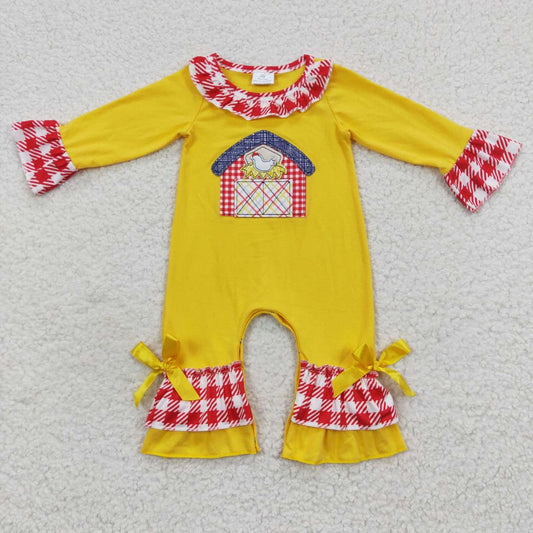 (Promotion)LR0383 Yellow farm embroidery baby girls romper