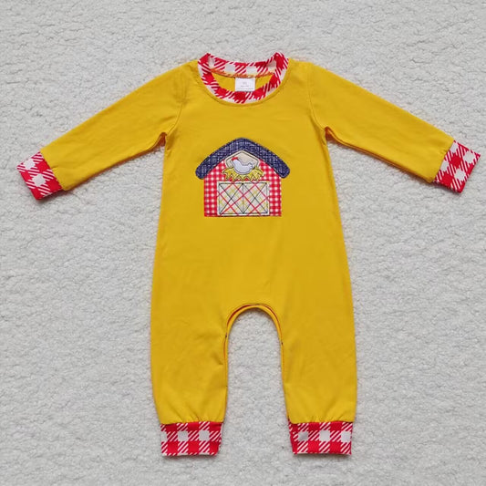 (Promotion)LR0384 Yellow farm chicken embroidery baby boys romper