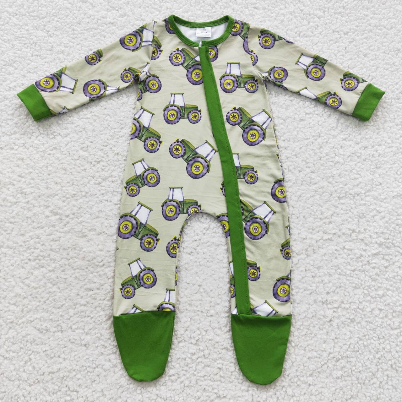 LR2122 Baby boys green tractors zipper romper