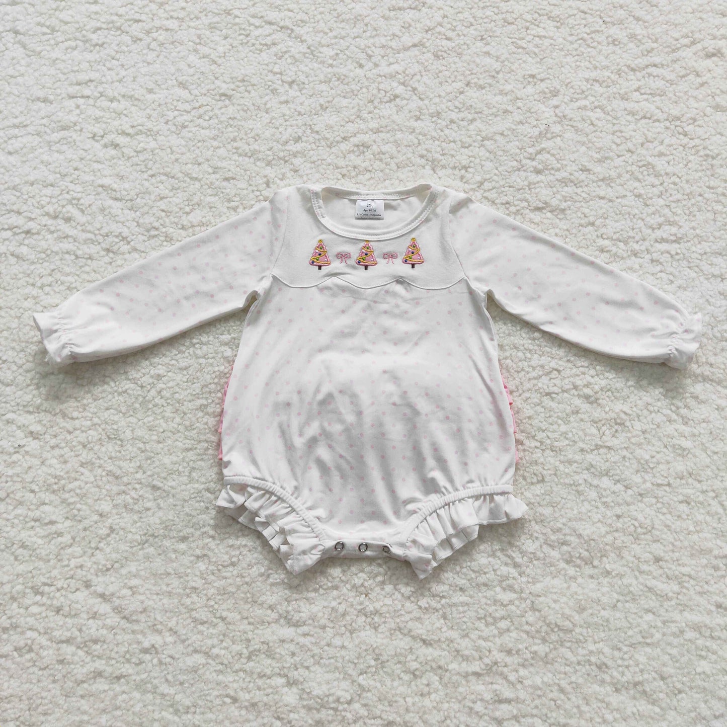 USA-Shop LR0392 White pink Christmas tree embroidery print baby girls bubble romper