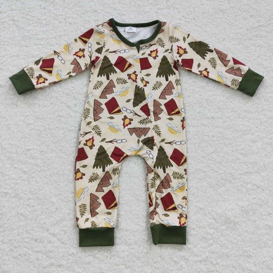 LR0398 Baby green camping design zipper romper