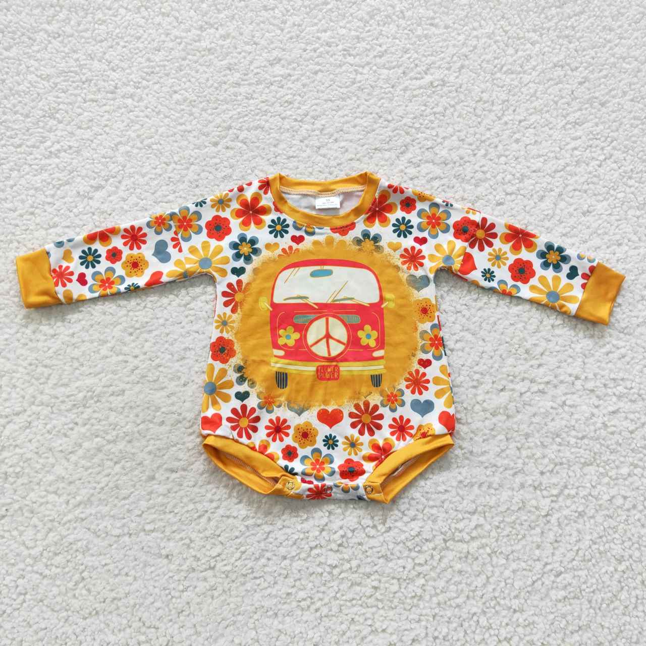 LR0399 Baby girls mustard flowers bus print fall romper