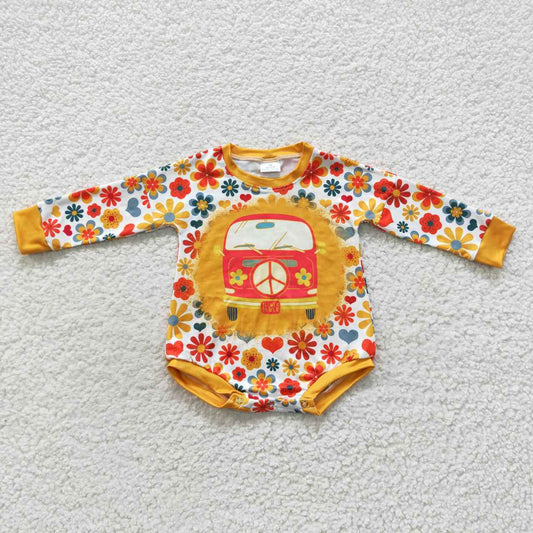LR0399 Baby girls mustard flowers bus print fall romper