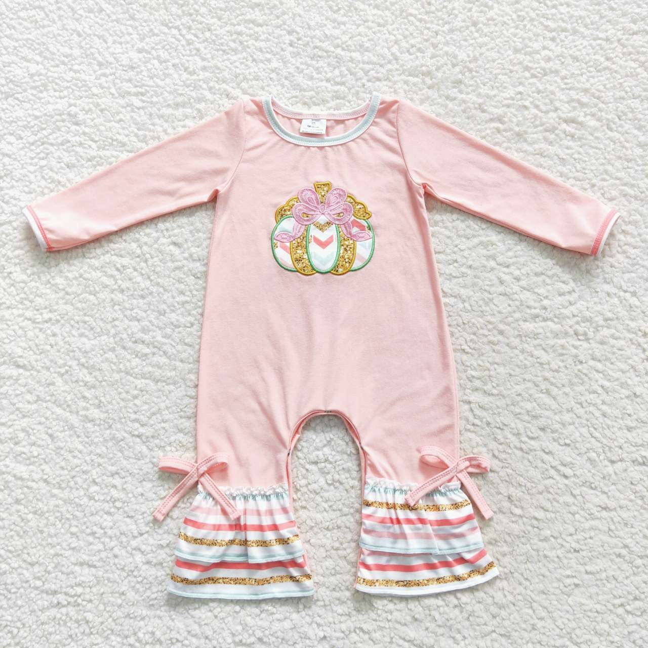 LR0402 Pink pumpkin embroidery print baby girls fall romper