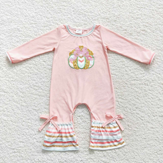 LR0402 Pink pumpkin embroidery print baby girls fall romper
