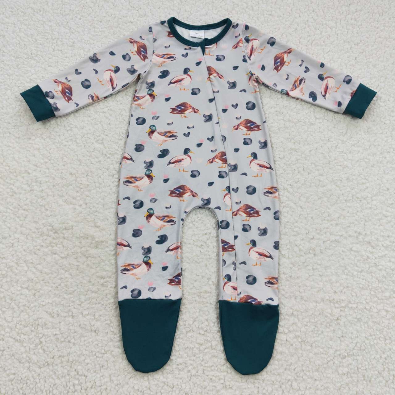 (Promotion)LR0418 Green duck print fall baby boys zipper footed romper