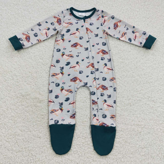 (Promotion)LR0418 Green duck print fall baby boys zipper footed romper