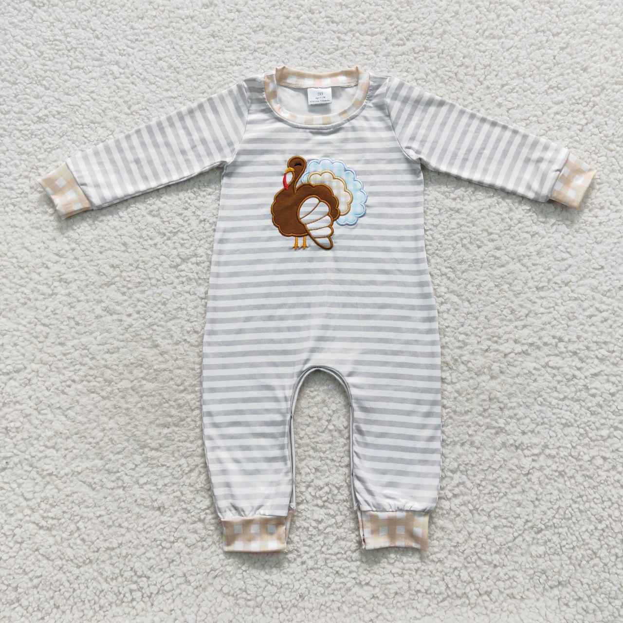 USA-Shop LR0429 Turkey Embroidery Stripes Print Baby Boys Thanksgiving Romper