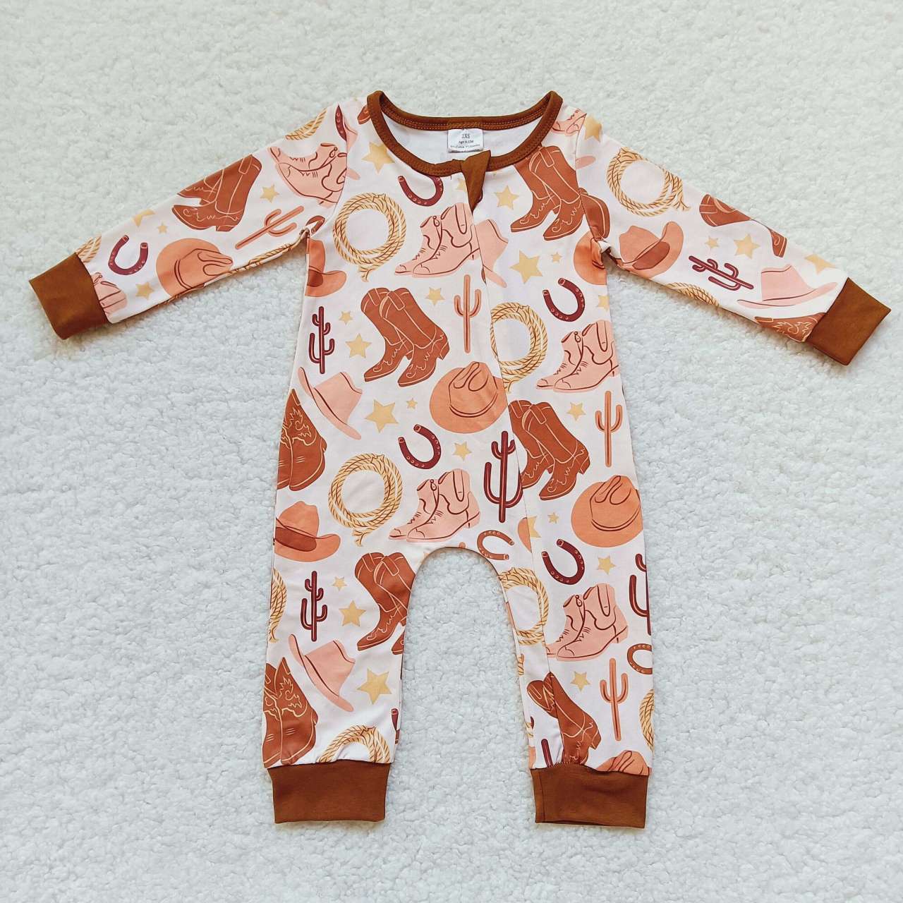 LR0431 Brown boots hat western design baby fall zipper romper