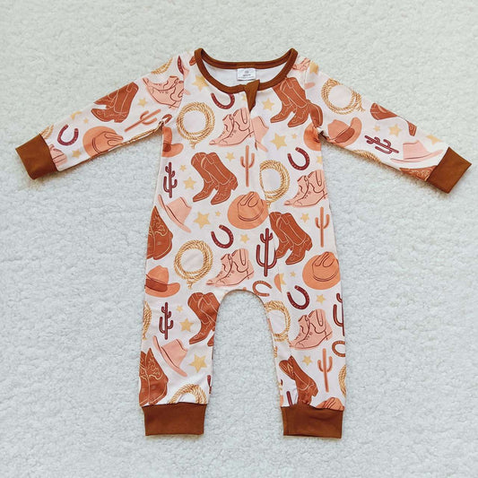 LR0431 Brown boots hat western design baby fall zipper romper
