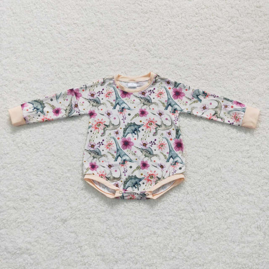LR0436 Pink flowers dinosaur baby girls romper