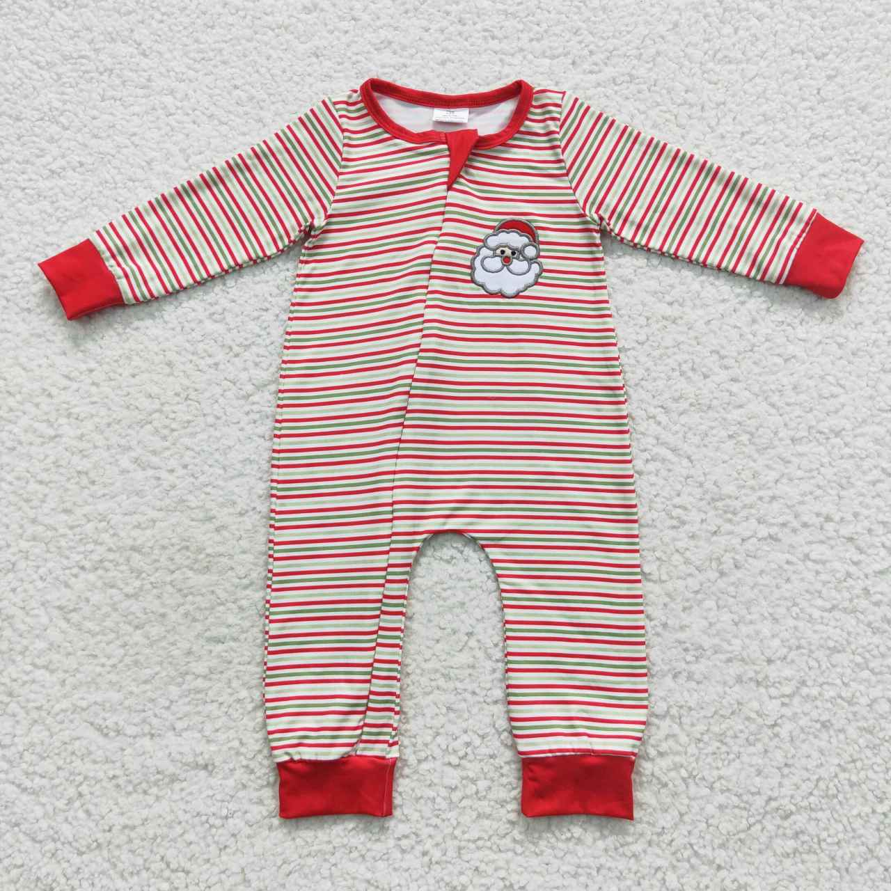 Santa Embroidery Red Green Stripes Print Family Christmas Pajamas Matching Clothes