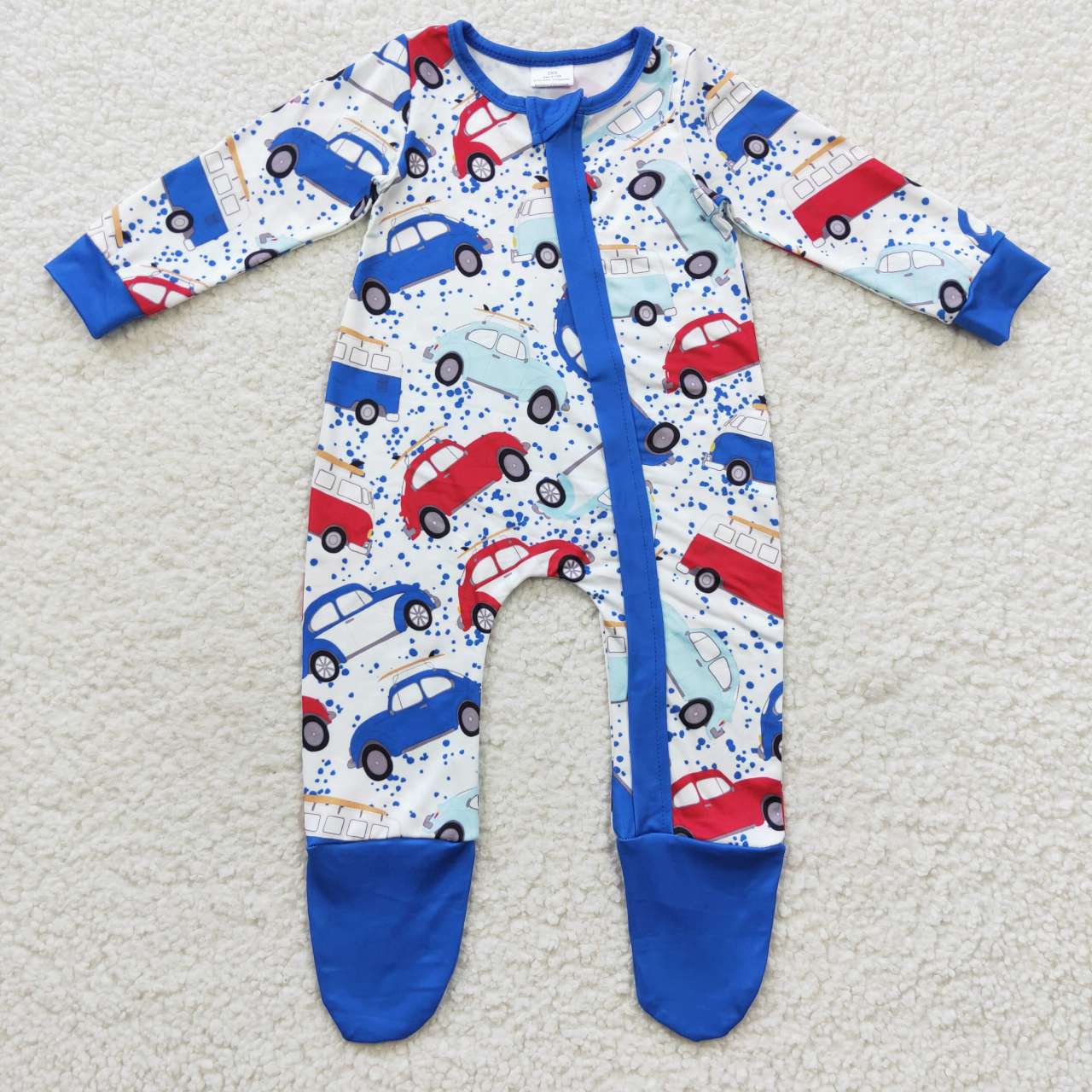 LR0444 Cars print baby boys footed zipper romper