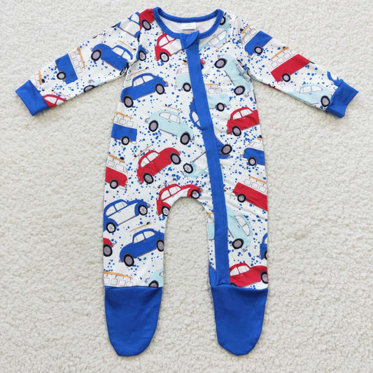 LR0444 Cars print baby boys footed zipper romper