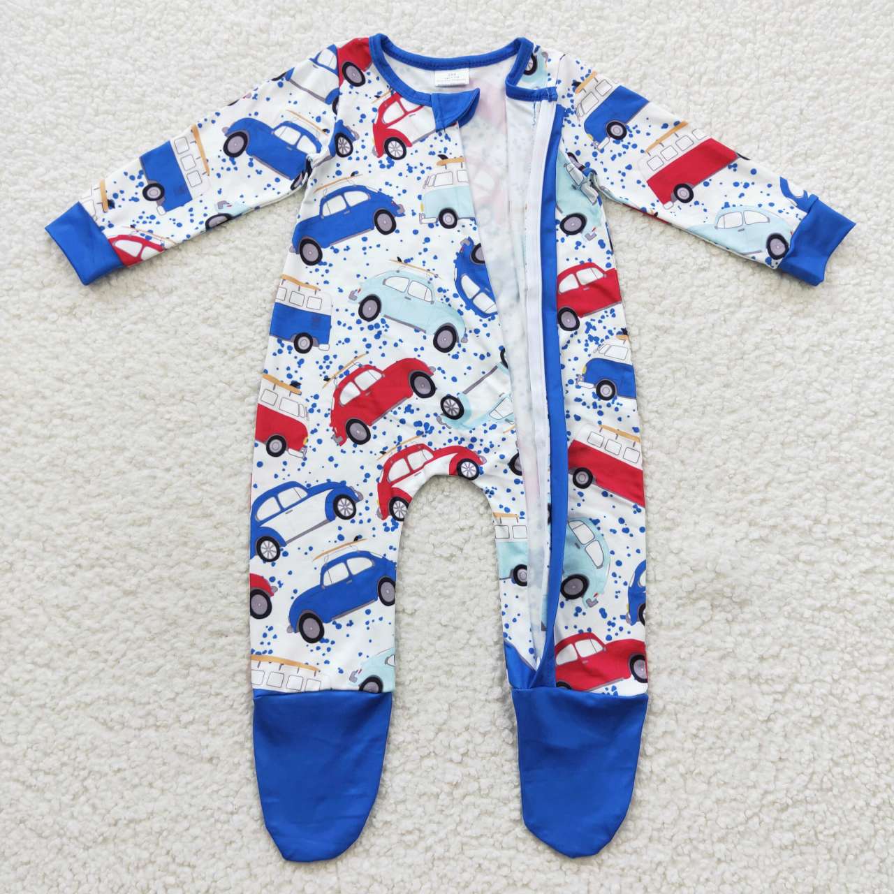 LR0444 Cars print baby boys footed zipper romper