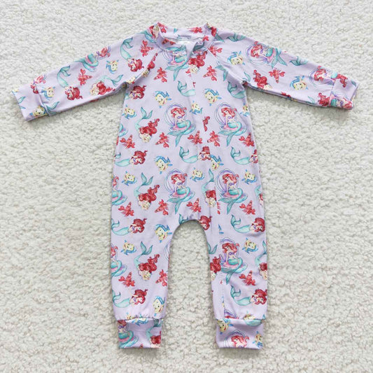 LR0459 Mermaid princess print baby girls zipper romper
