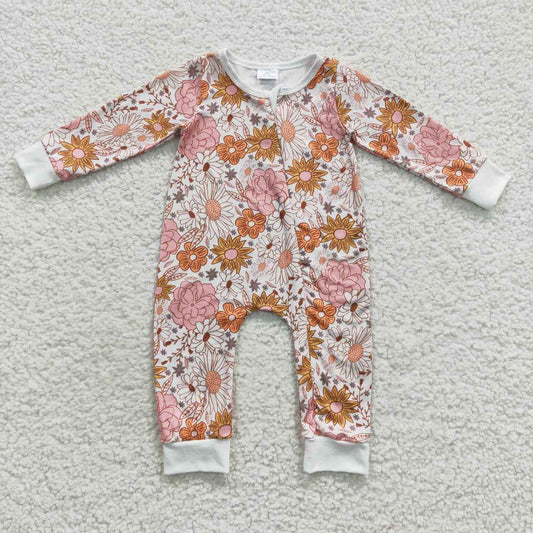 LR0460 Pink flowers baby girls zipper romper