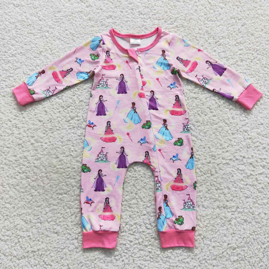 LR0468 Pink cartoon princess baby girls zipper romper