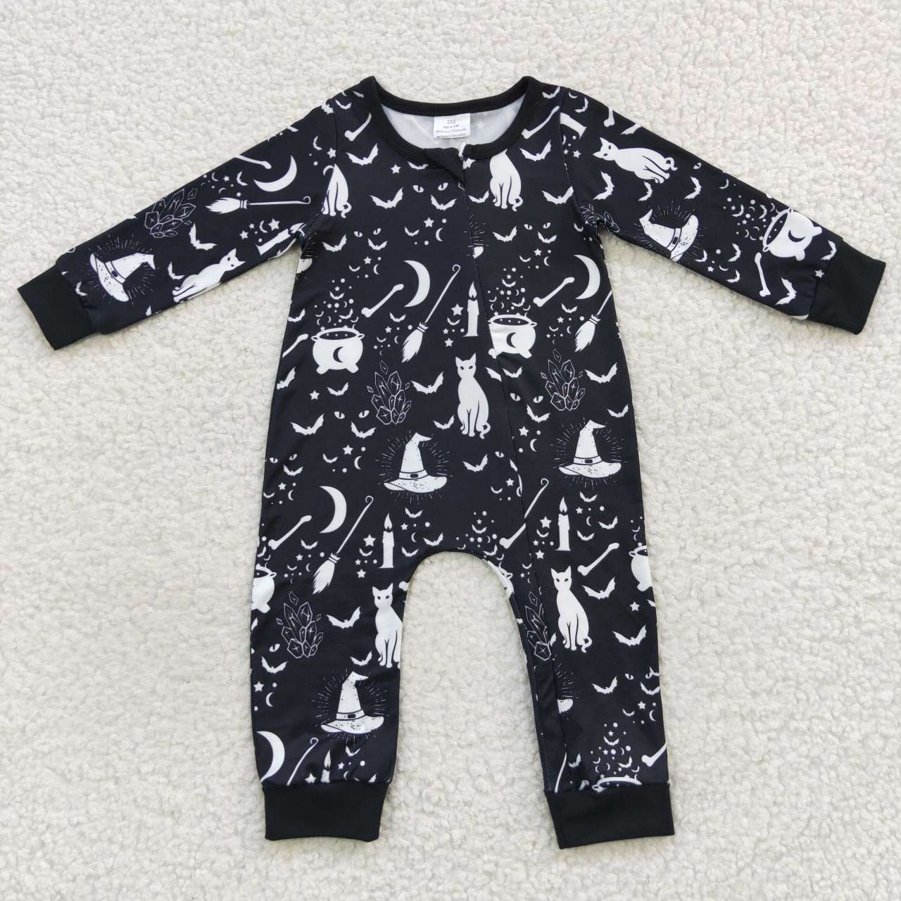 LR0473 Black witch print baby Halloween zipper romper