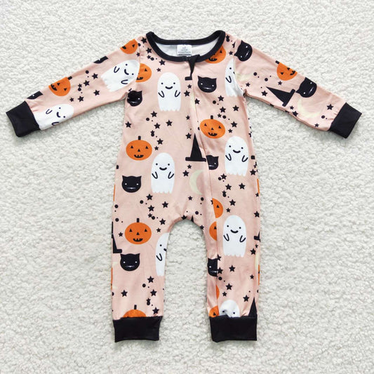 LR0474 Pumpkin ghost print baby Halloween zipper romper