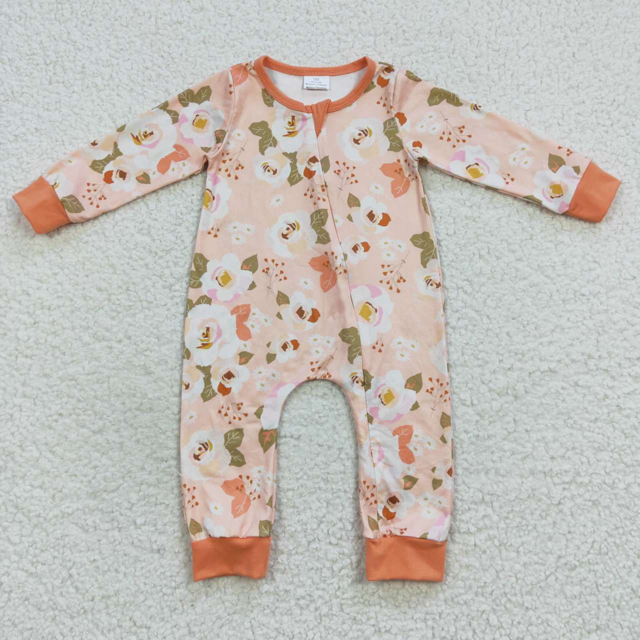 LR0476 Orange flowers print baby girls zipper romper