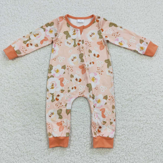 LR0476 Orange flowers print baby girls zipper romper