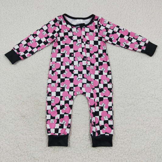 LR0478 Hot pink cartoon mouse print baby girls zipper romper