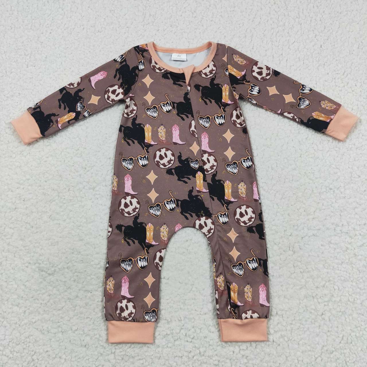 LR0482 Western boots print baby zipper romper