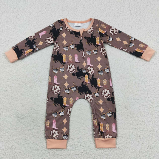 LR0482 Western boots print baby zipper romper