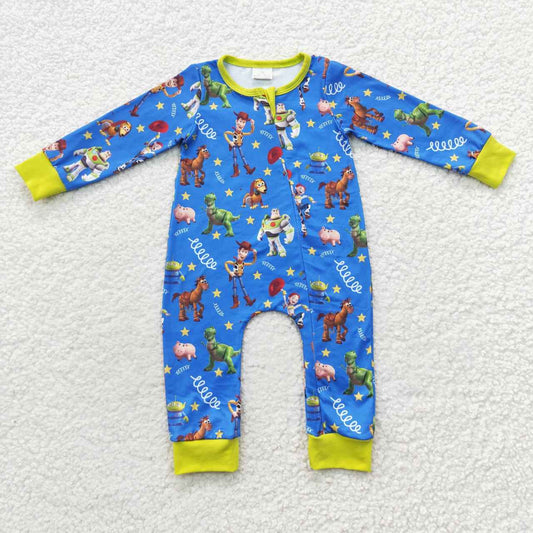 LR0484 Blue cartoon print baby zipper romper