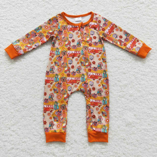 LR0485 Orange mushroom bus flowers print baby zipper romper