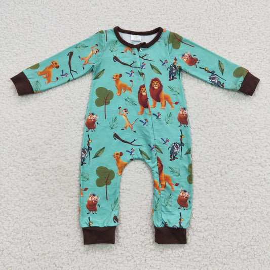 LR0486 Green cartoon lion print baby zipper romper