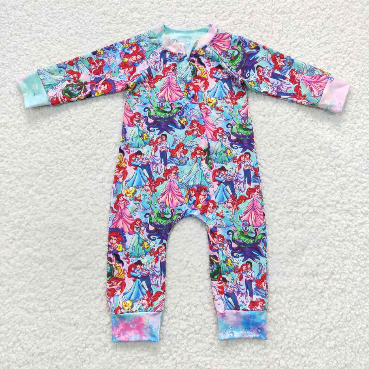 LR0488 Tie-dye cartoon mermaid print baby zipper romper