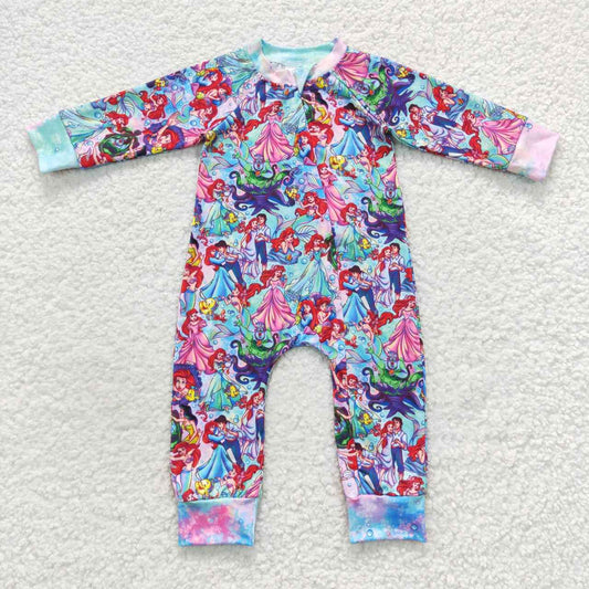 LR0488 Tie-dye cartoon mermaid print baby zipper romper