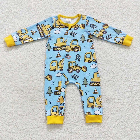 LR0492 Blue construction print baby boys zipper romper