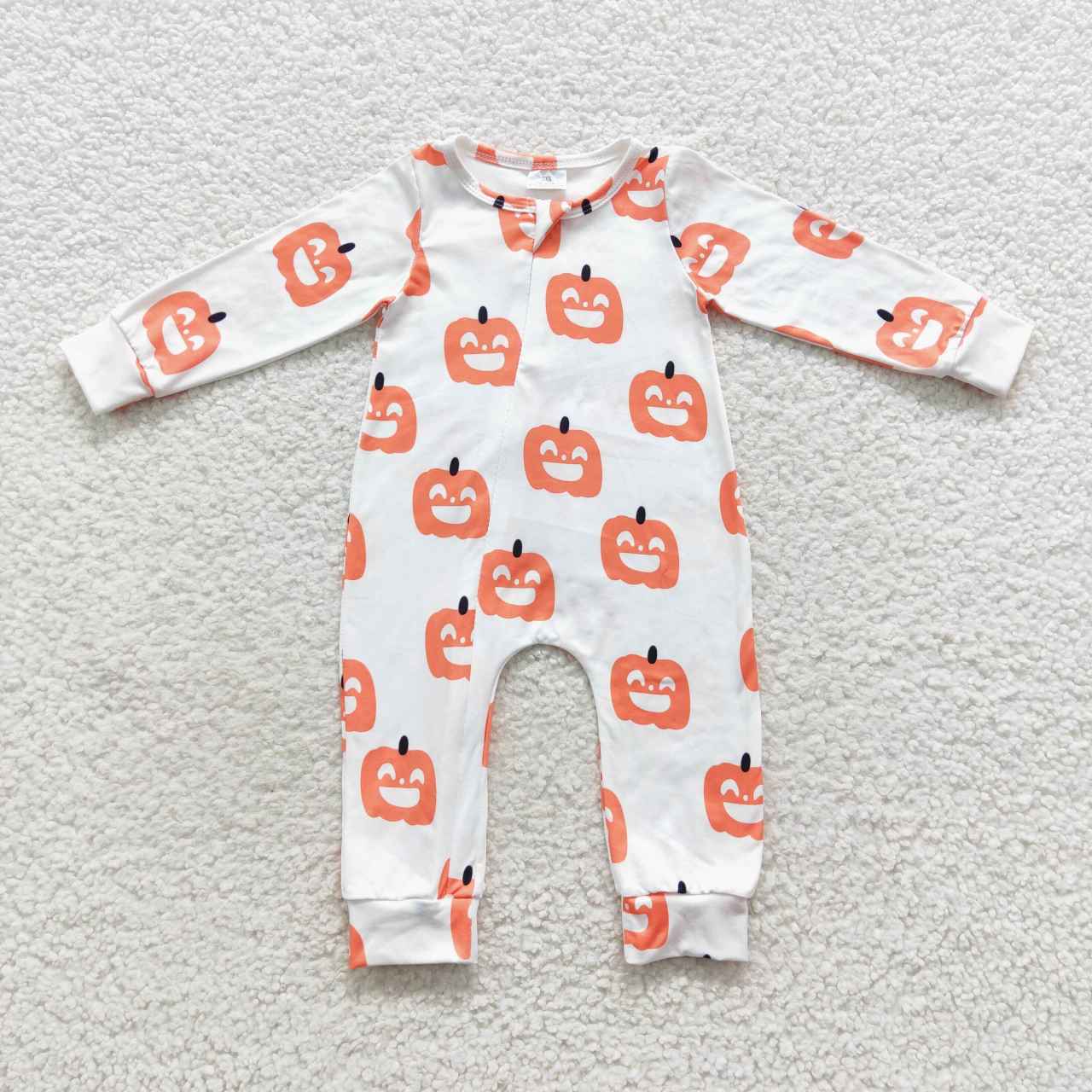 LR0495 Orange pumpkin print baby boys Halloween zipper romper
