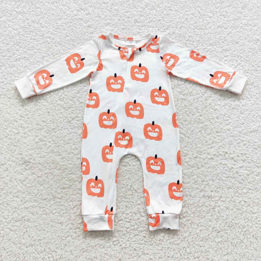 LR0495 Orange pumpkin print baby boys Halloween zipper romper