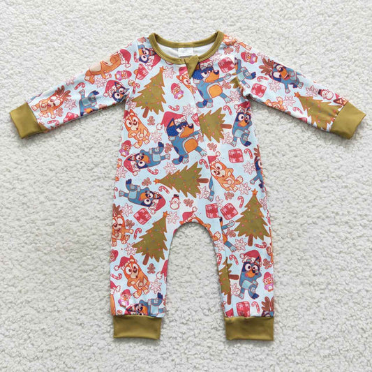 LR0513 Cartoon dog Christmas tree print baby boys zipper romper