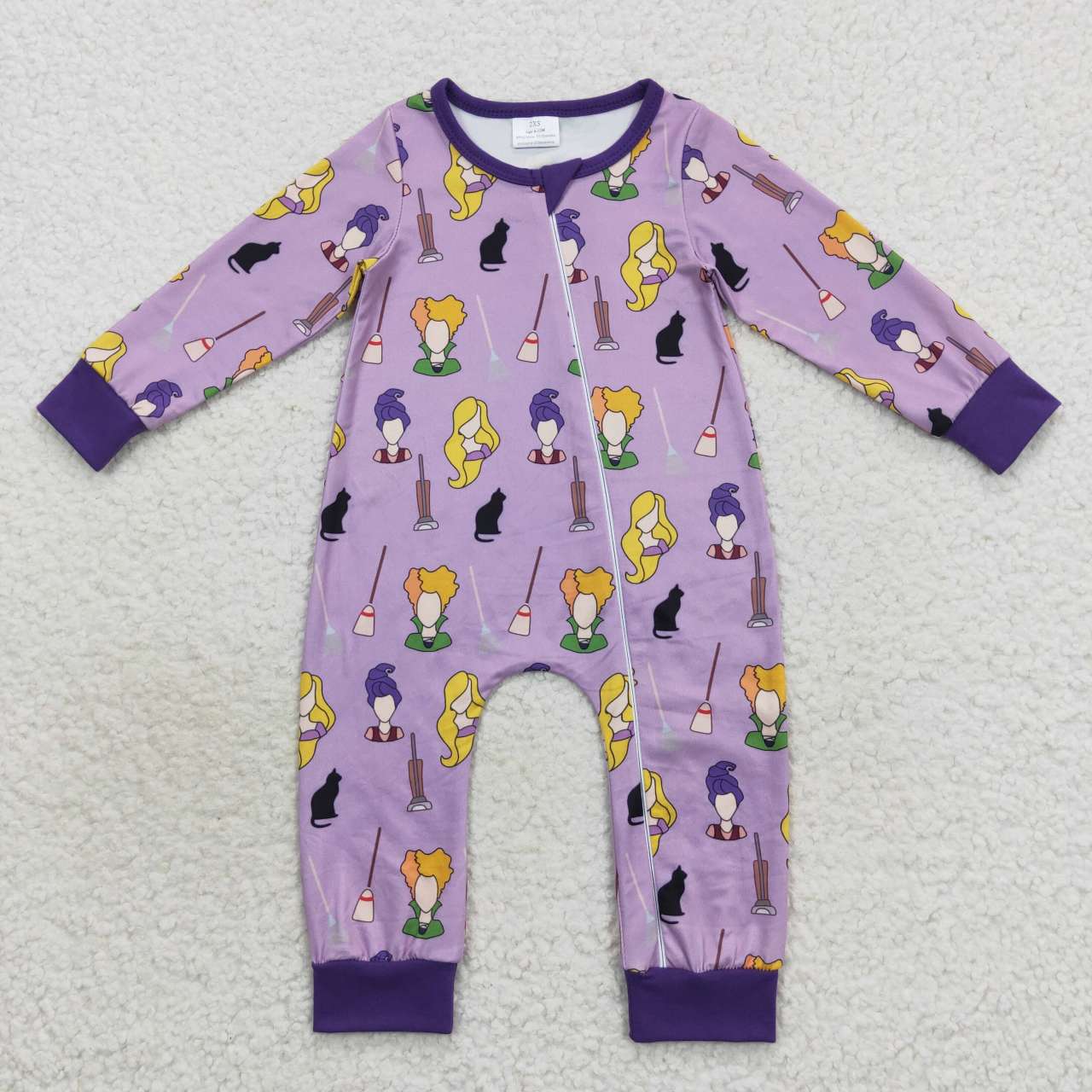 LR0514 Purple witch print Halloween baby zipper romper