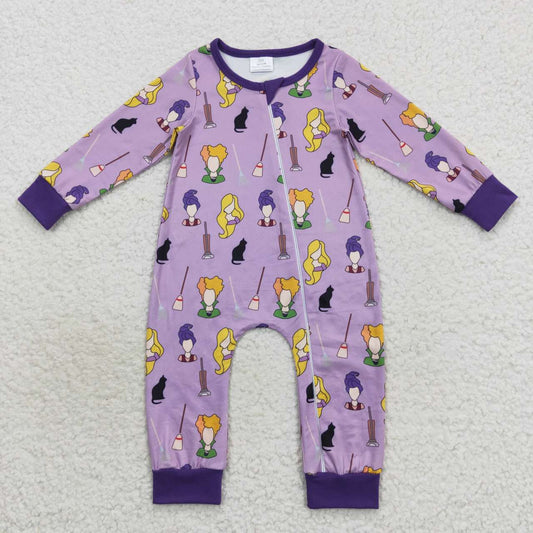 LR0514 Purple witch print Halloween baby zipper romper