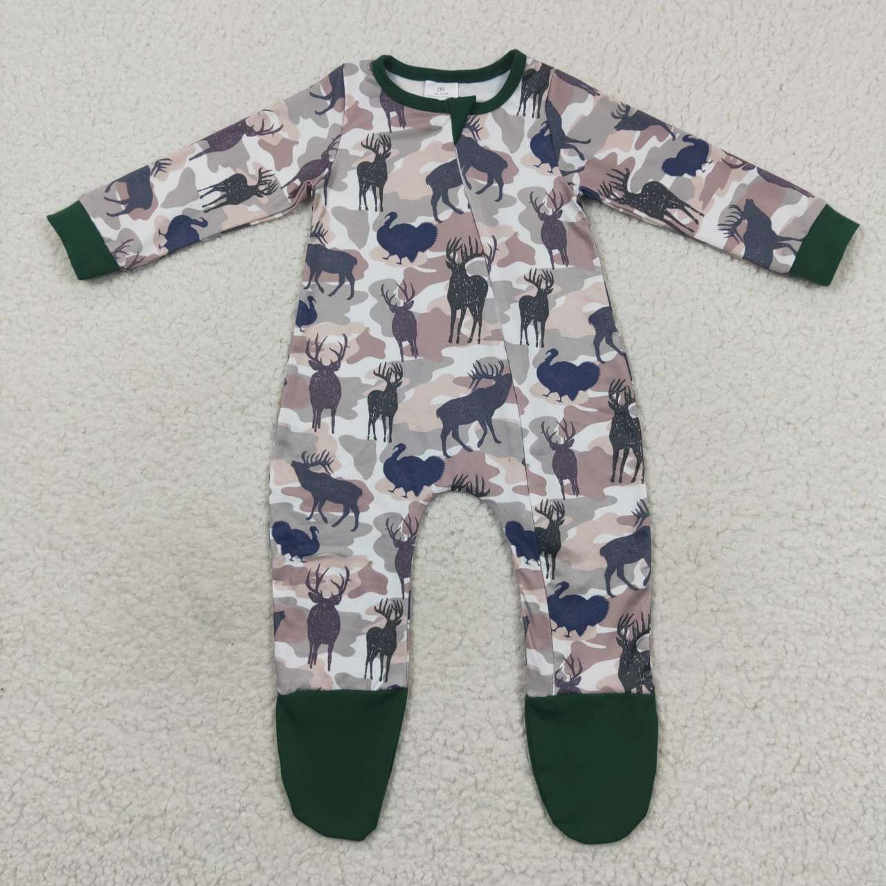 LR0519 Green deer camo print baby footed zipper romper