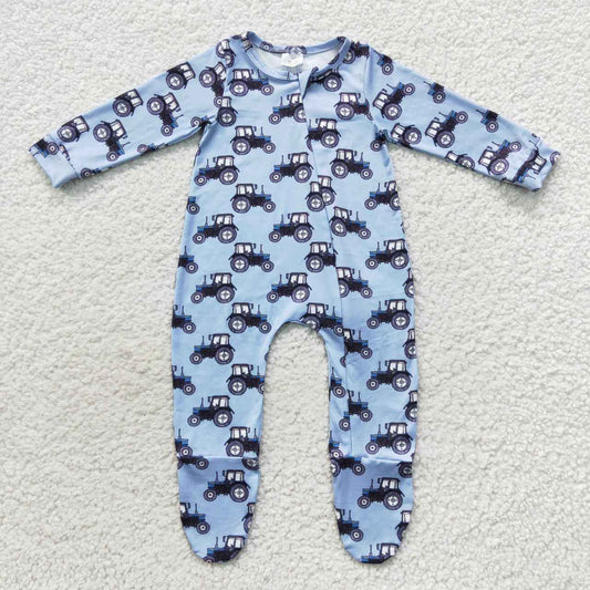 LR0537 Tractors blue print baby boys footed zipper romper