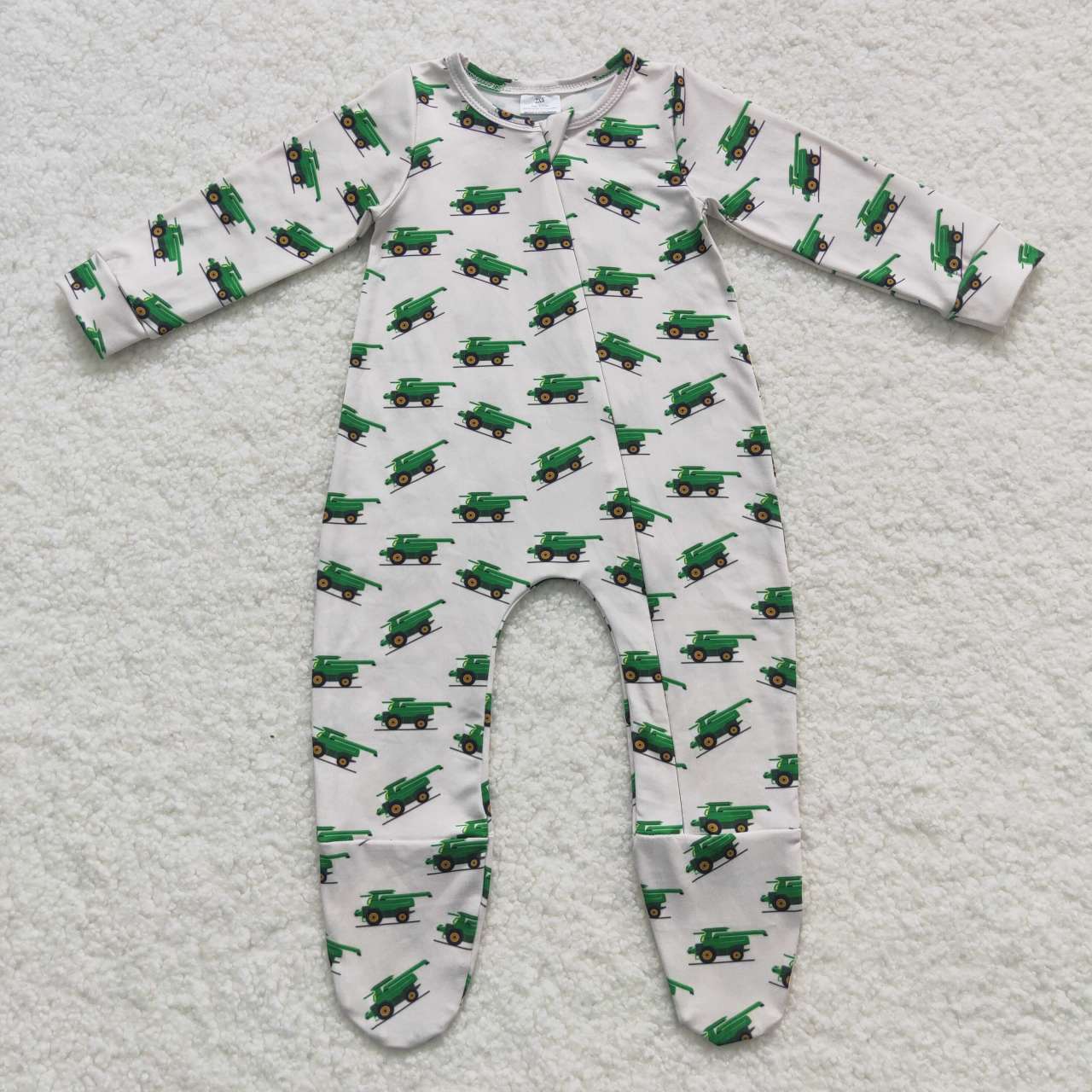 LR0538 Tractors green print baby boys footed zipper romper