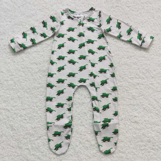 LR0538 Tractors green print baby boys footed zipper romper