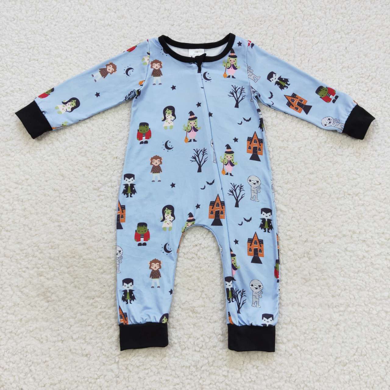 LR0555 Blue Halloween character print baby boys zipper romper