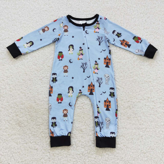 LR0555 Blue Halloween character print baby boys zipper romper