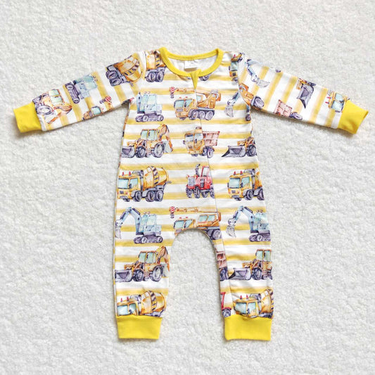 LR0569 Yellow construction print baby boys zipper romper