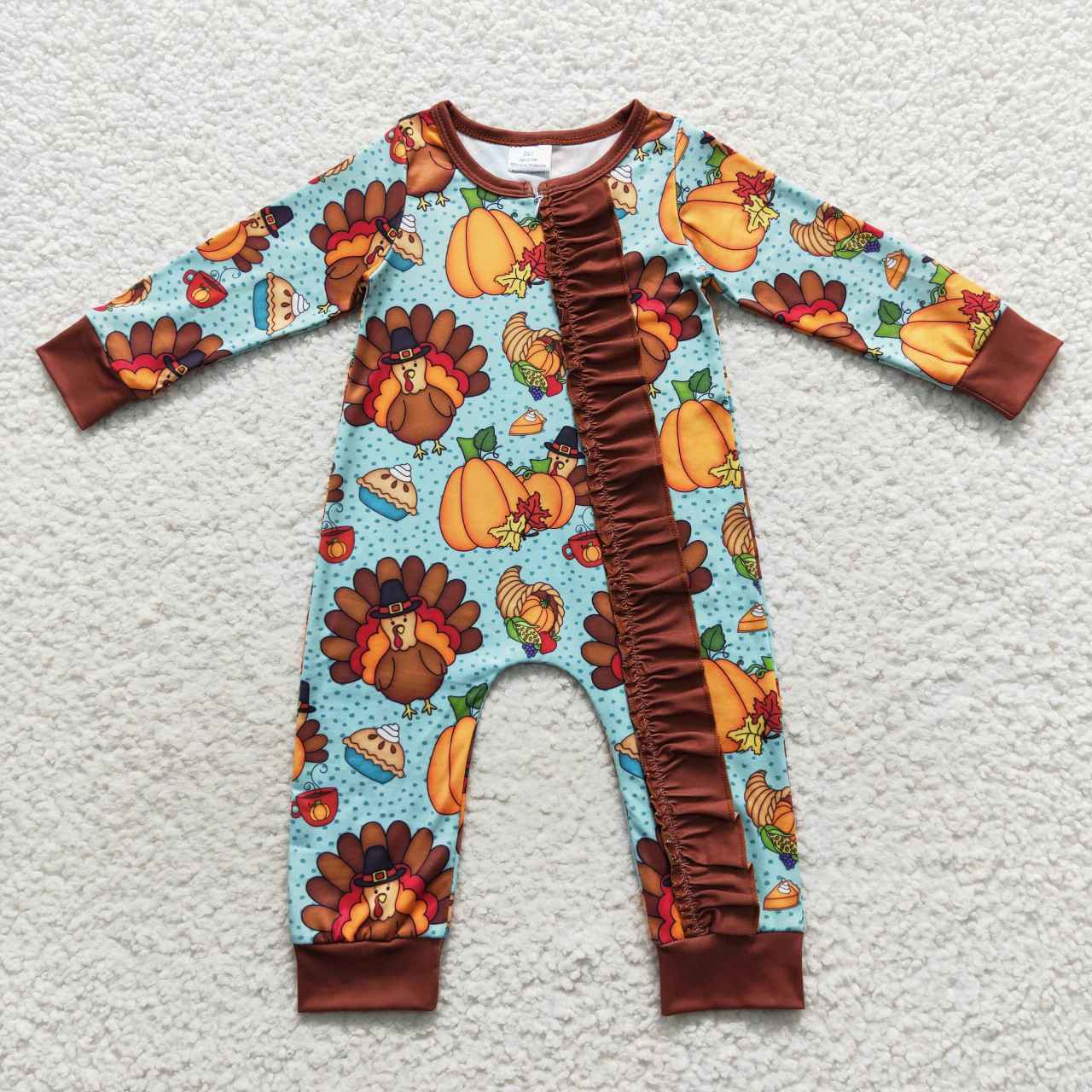 LR0580 Turkey pumpkin print baby girls zipper romper