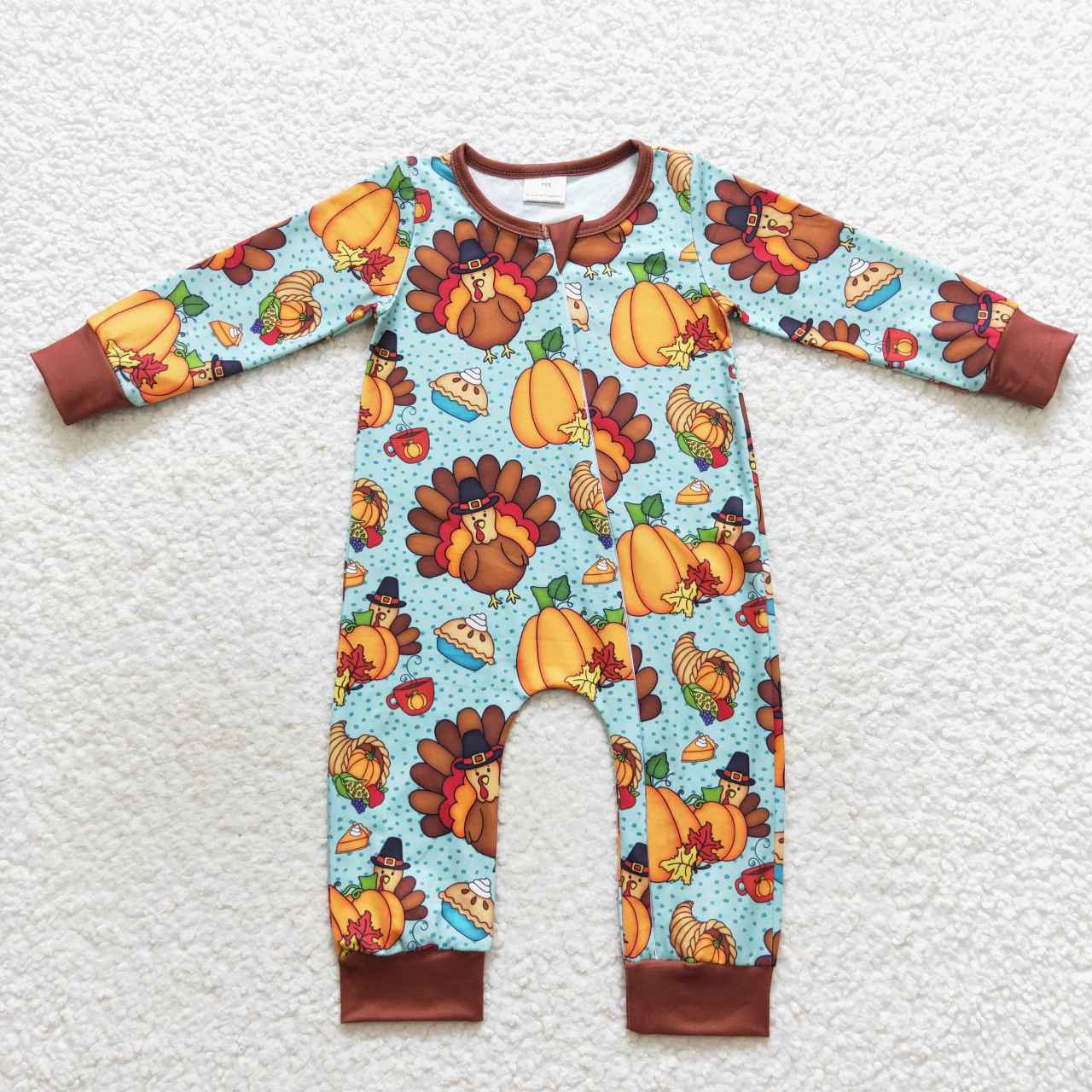 LR0581 Turkey pumpkin print baby boys zipper romper