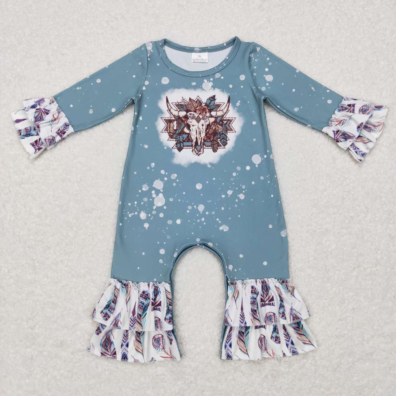 LR0593 Cow Skull Print Baby Girls Western Romper